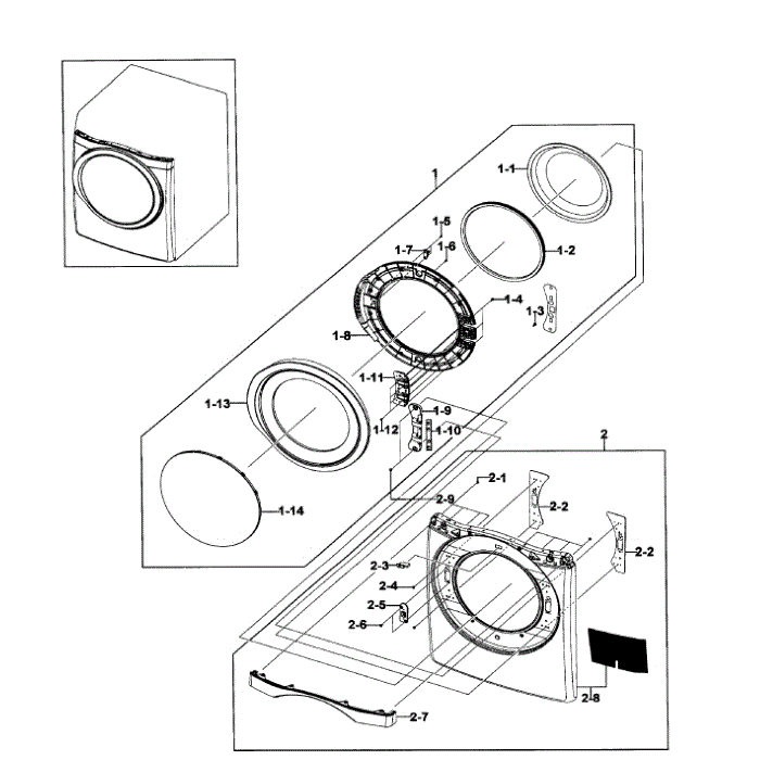 Front / Door Assembly Diagram and Parts List for DV511AEW XAA-00 Samsung Dryer