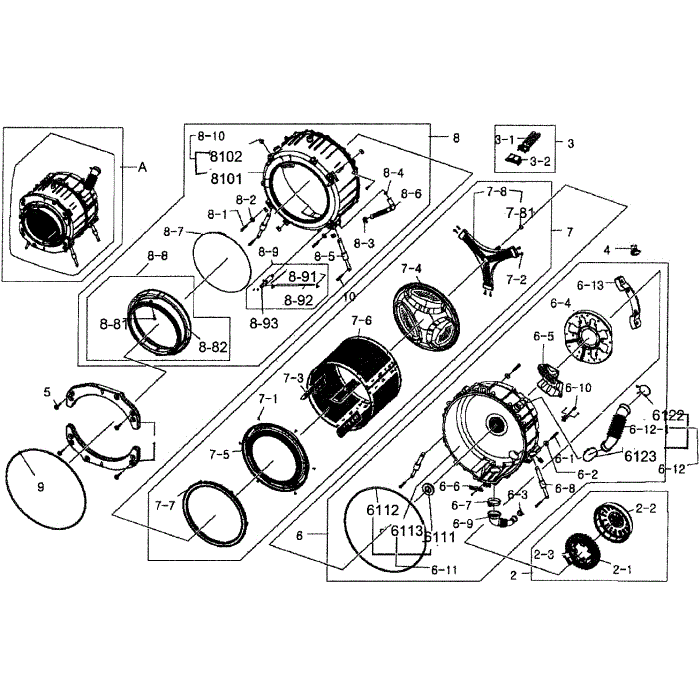 Tub / Drum Assembly Diagram and Parts List for WF331ANR XAA-04 Samsung Washer