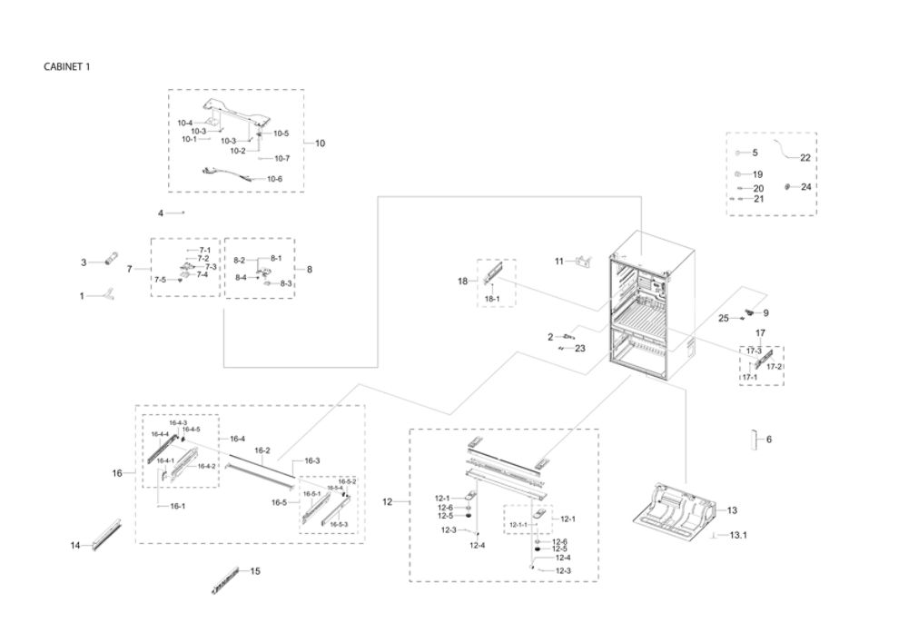 Cabinet 1 Diagram and Parts List for RF23R6201SG AA-01 Samsung Refrigerator