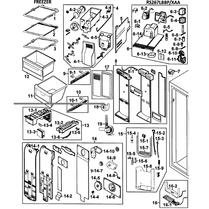 Freezer Diagram and Parts List for RS267LBBP XAA-00 Samsung Refrigerator
