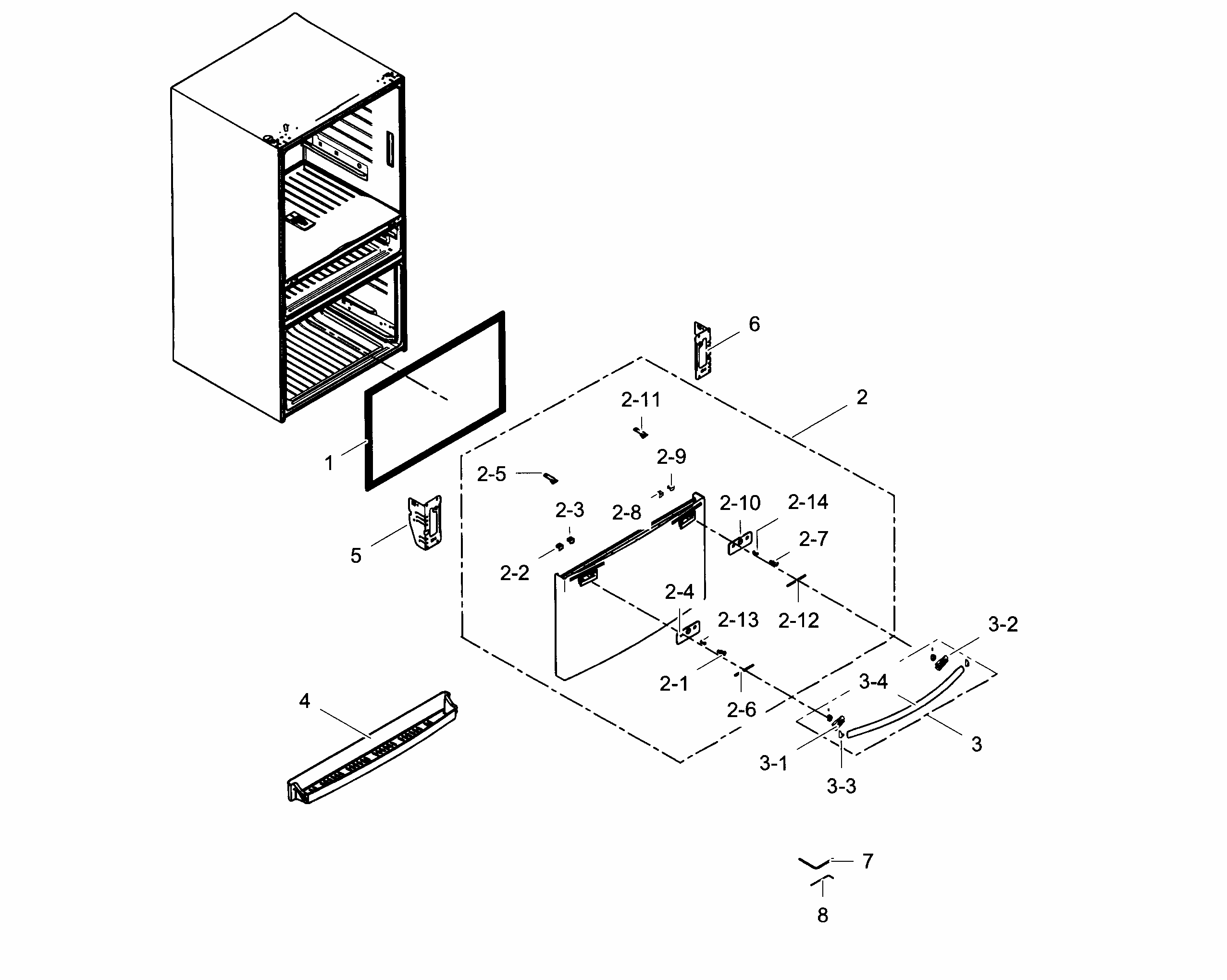 Freezer Door Diagram and Parts List for RF28HMEDBWW AA-0001 Samsung Refrigerator