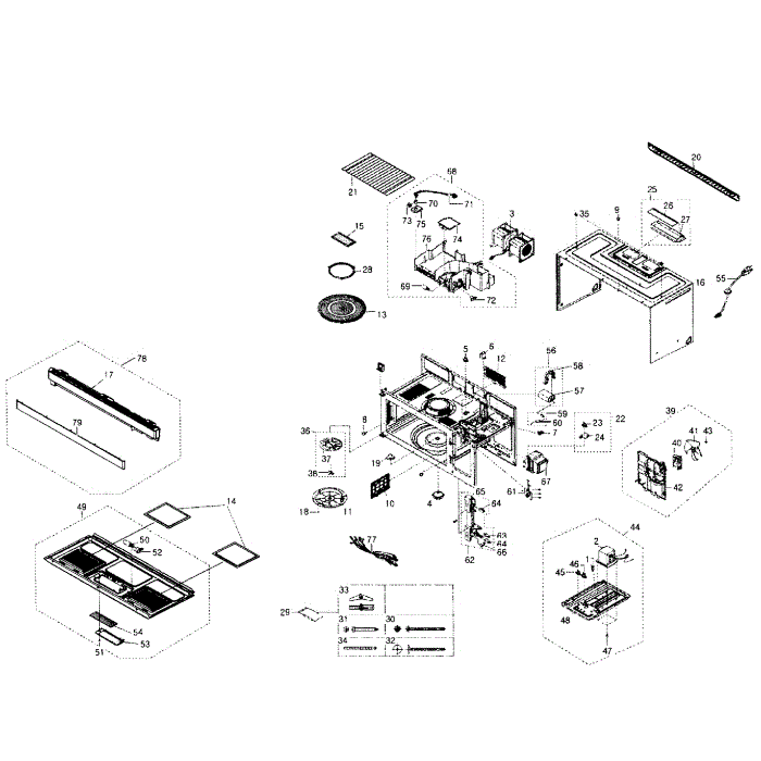 Cabinet Diagram and Parts List for SMH1713S XAA-01 Samsung Microwave Oven Combo