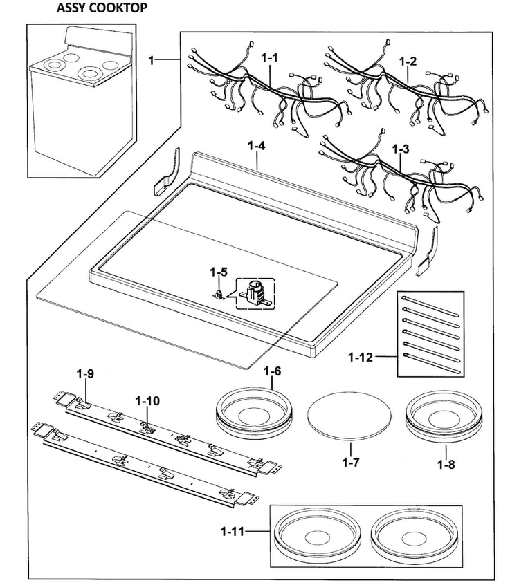 Cooktop Assy Diagram and Parts List for FTQ353IWUX XAA-0000 Samsung Range