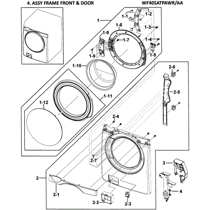 Front / Door Diagram and Parts List for WF405ATPAWR AA-00 Samsung Washer