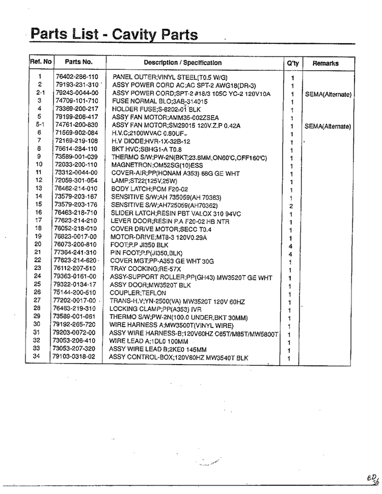 Cavity Parts/standard Parts Page 2 Diagram and Parts List for MW3540T XAA Samsung Microwave