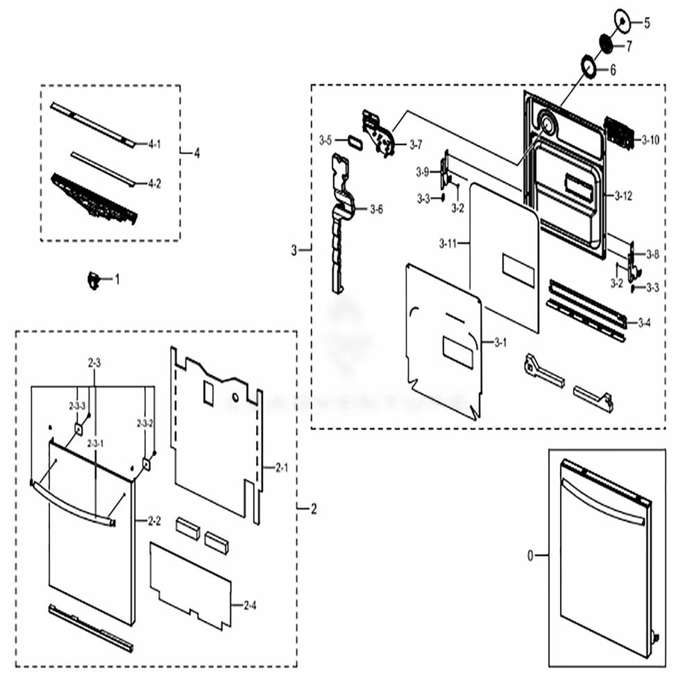 Assembly Door Diagram and Parts List for DW80K7050UG (AA)(0002) Samsung Dishwasher