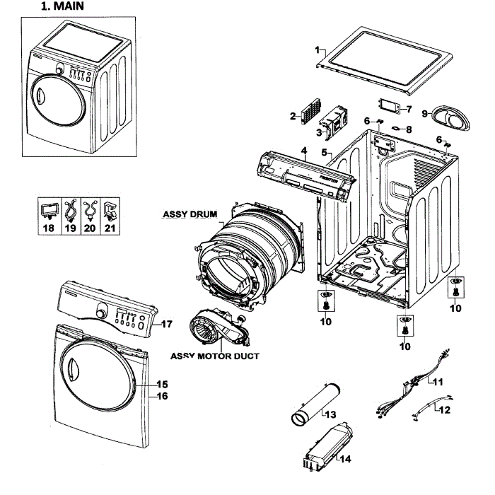 Main Assembly Diagram and Parts List for DV218AEB XAA-01 Samsung Dryer