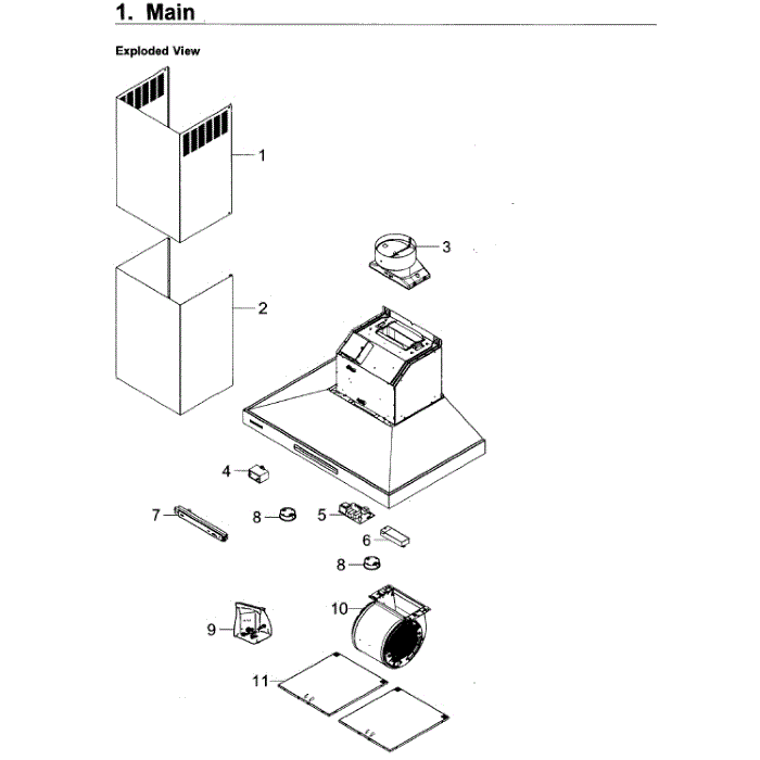 Main Assembly Diagram and Parts List for NK36K7000WS AA-00 Samsung Range Hood