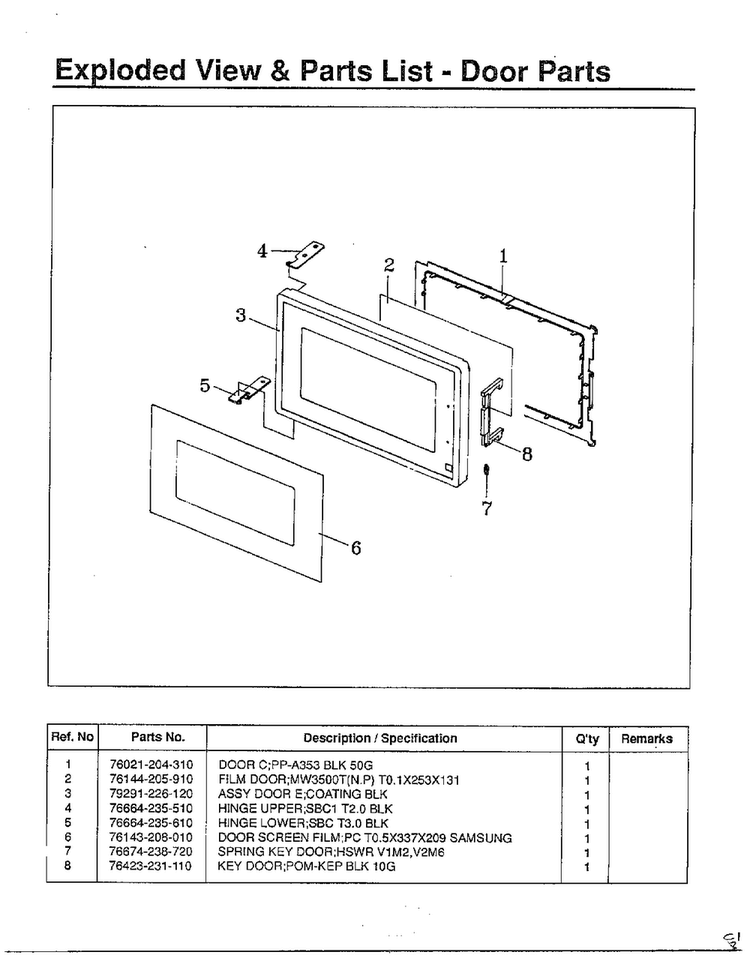 Door Parts Diagram and Parts List for MW3540T XAA Samsung Microwave