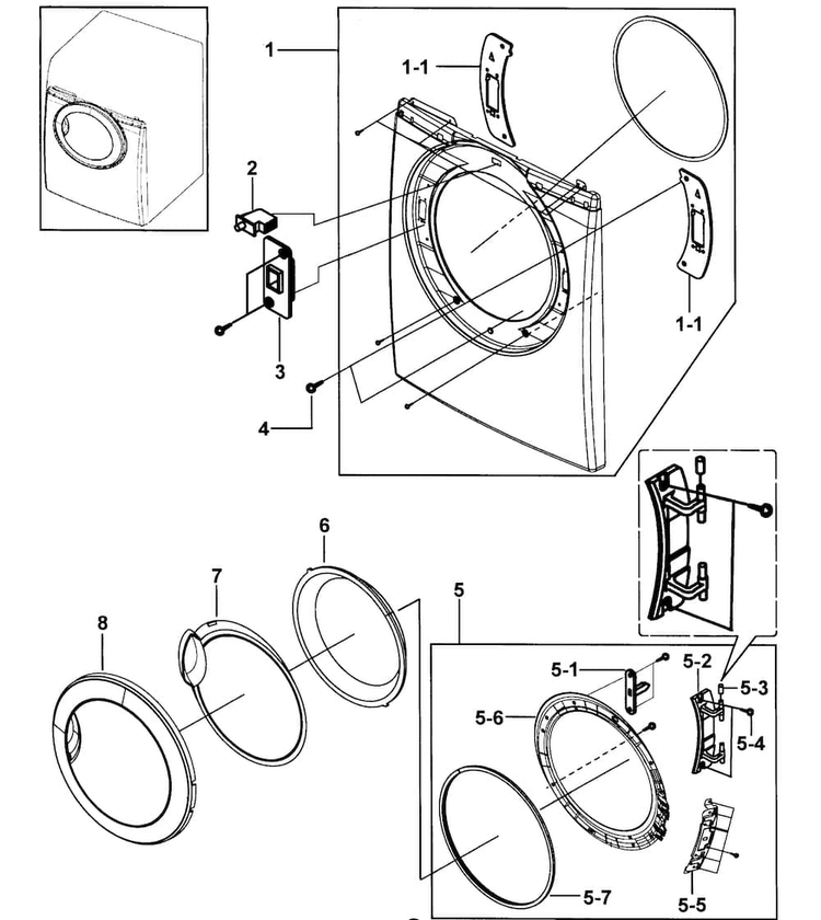 Door Assy Diagram and Parts List for DV2C6BEW XAA-0000 Samsung Dryer
