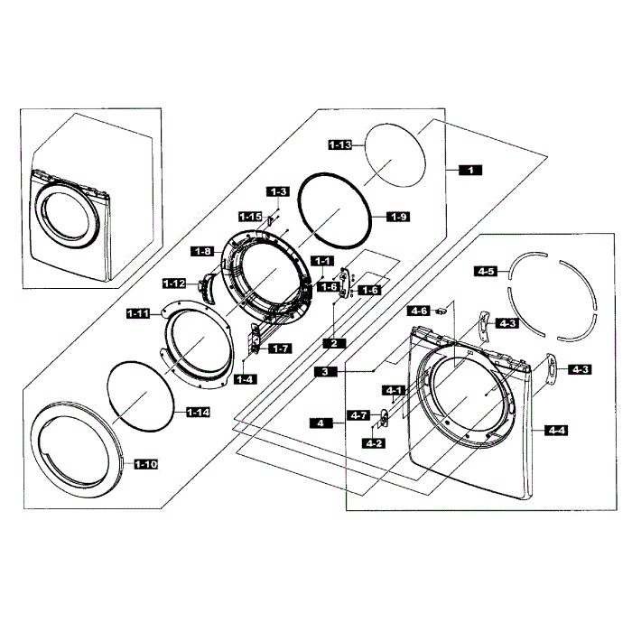Front / Door Assembly Diagram and Parts List for DV365ETBGWR A3-01 Samsung Dryer