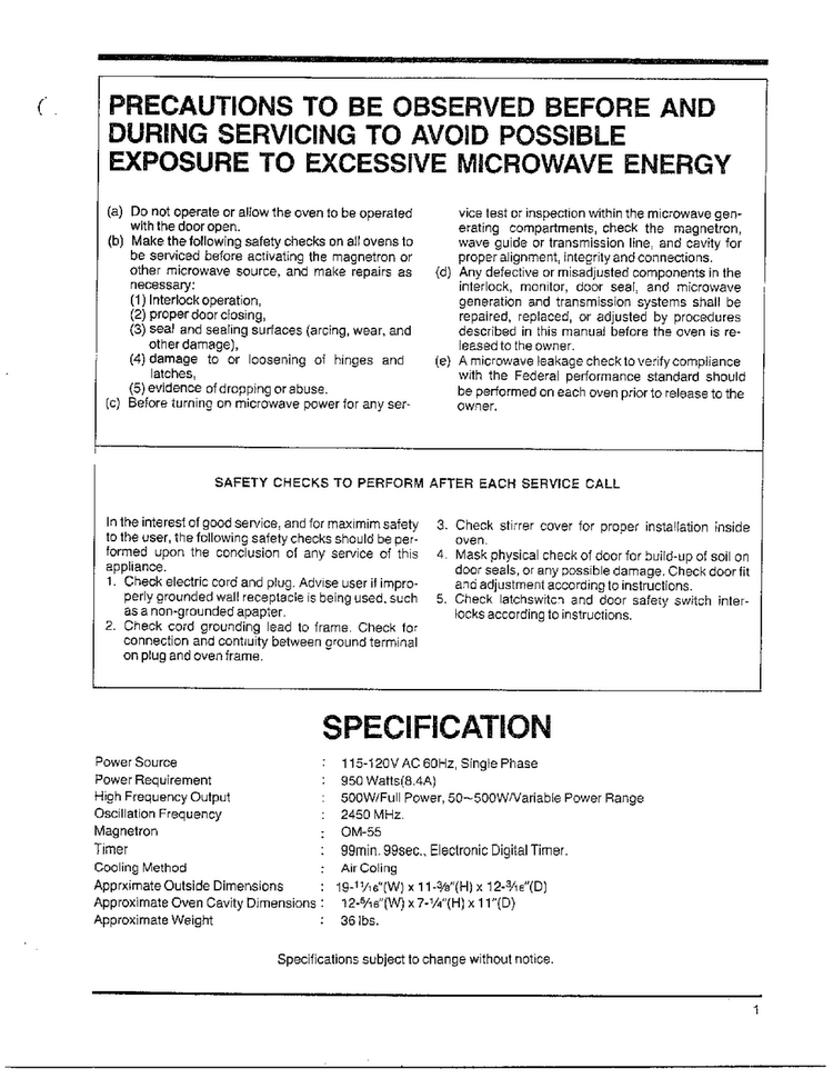 Precautions/specification Diagram and Parts List for MW4530U XAA Samsung Microwave