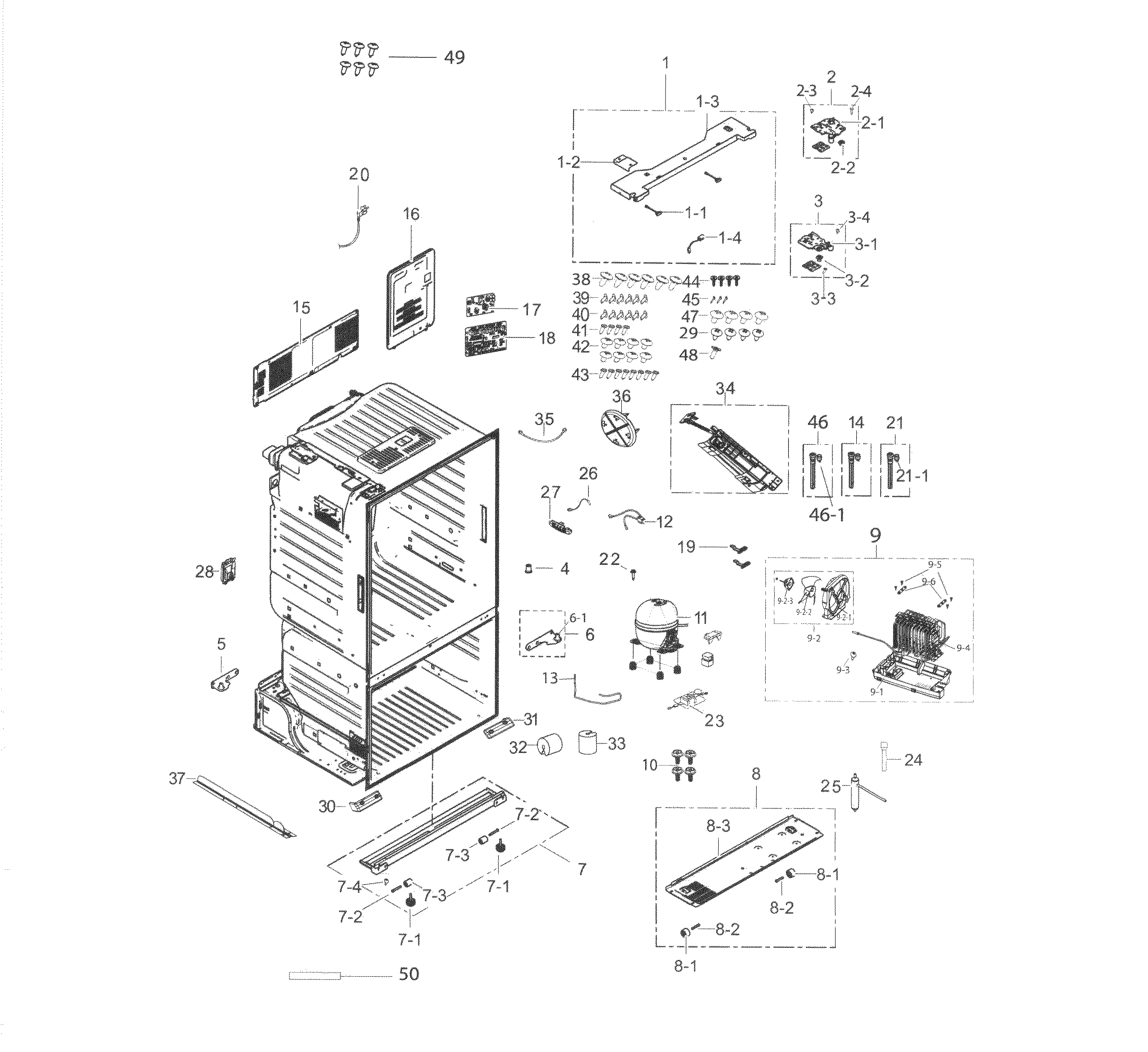 Cabinet Diagram and Parts List for RF263BEAEWW AA-0003 Samsung Refrigerator