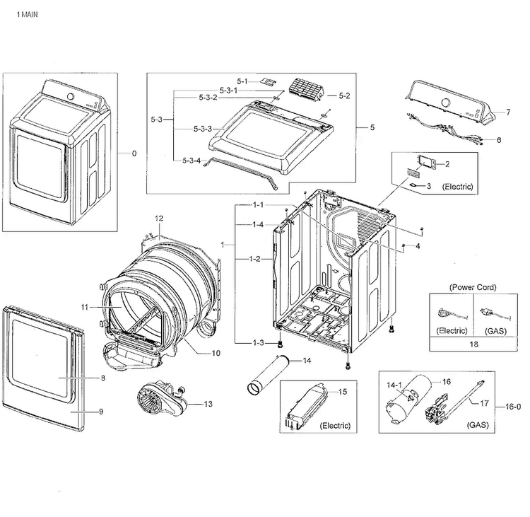 Main Asy Diagram and Parts List for DV48H7400GW A2-0002 Samsung Dryer