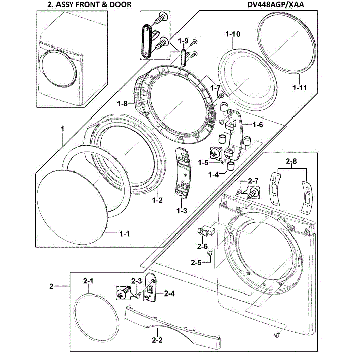 Front Assembly Diagram and Parts List for DV448AGP XAA-00 Samsung Dryer