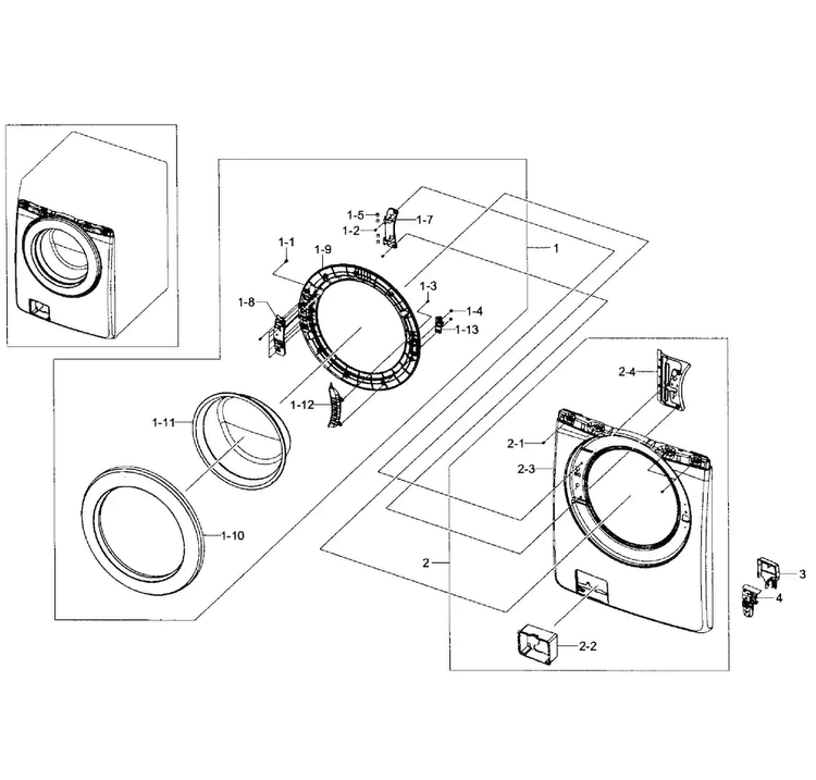 Front Frame Diagram and Parts List for WF365BTBGWR A1-0001 Samsung Washer