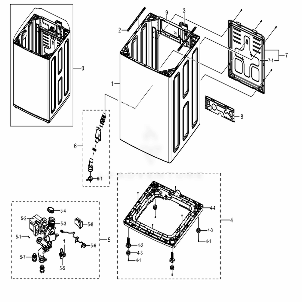 Assembly Frame Case Parts Diagram and Parts List for WA54M8750AV (A4)(0001) Samsung Washer
