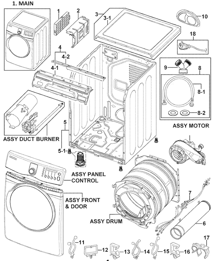 Main Assy Diagram and Parts List for DV409AGW XAA-0000 Samsung Dryer