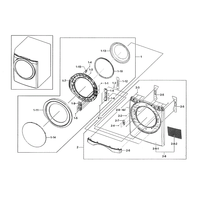 Front And Door Assembly Diagram and Parts List for DV501AEW XAA-00 Samsung Dryer