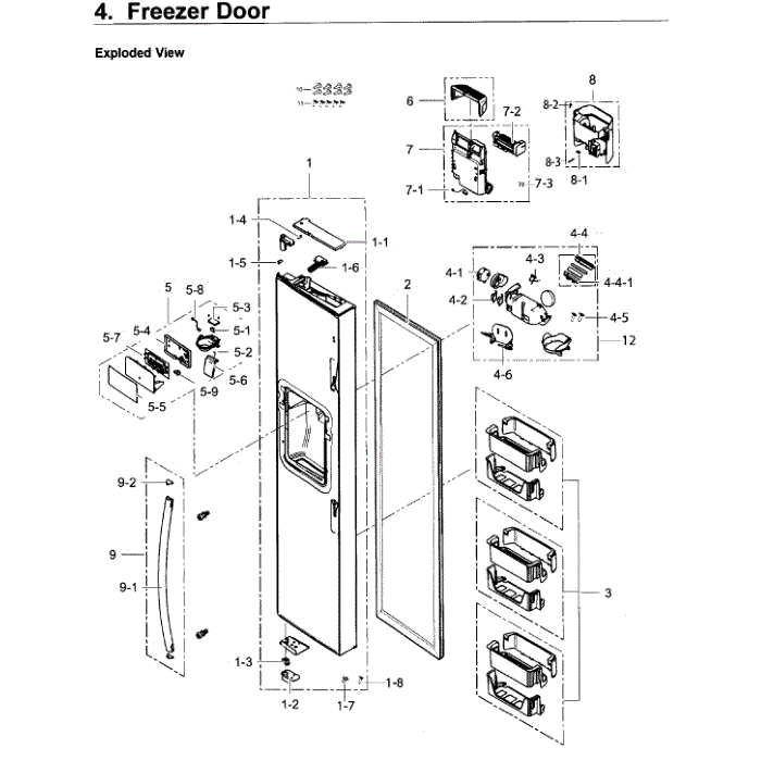Freezer Door Diagram and Parts List for RS25H5121SR AA-02 Samsung Refrigerator