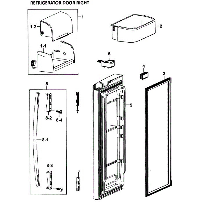 Right Door Diagram and Parts List for RF266AAWP XAA-00 Samsung Refrigerator