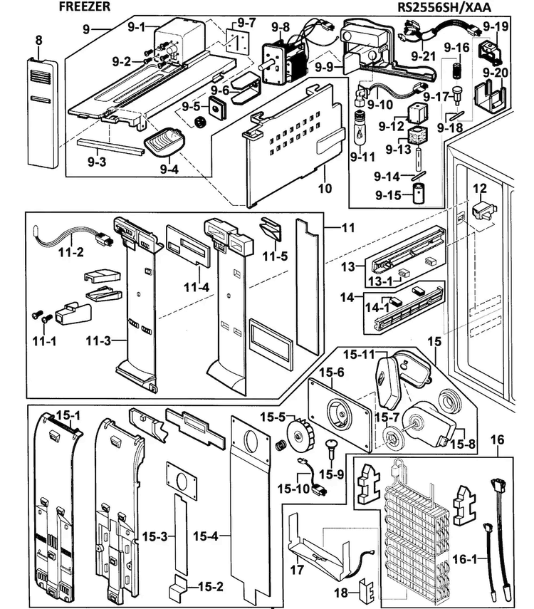 Freezer Diagram and Parts List for RS2556SH XAA-0000 Samsung Refrigerator