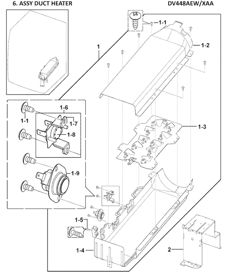 Heater Assy Diagram and Parts List for DV448AEW XAA-0000 Samsung Dryer