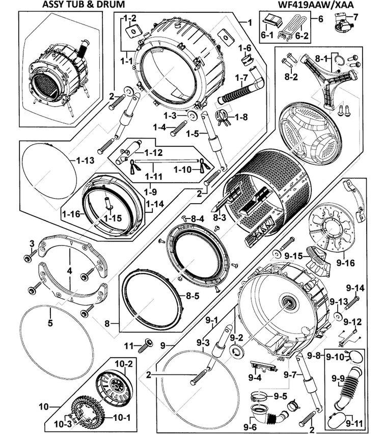Tub/drum Assy Diagram and Parts List for WF419AAW XAA-0000 Samsung Washer