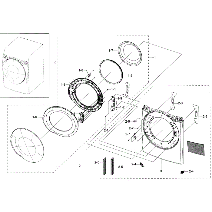 Frame Front And Door Diagram and Parts List for DV50K7500GV A3-00 Samsung Dryer