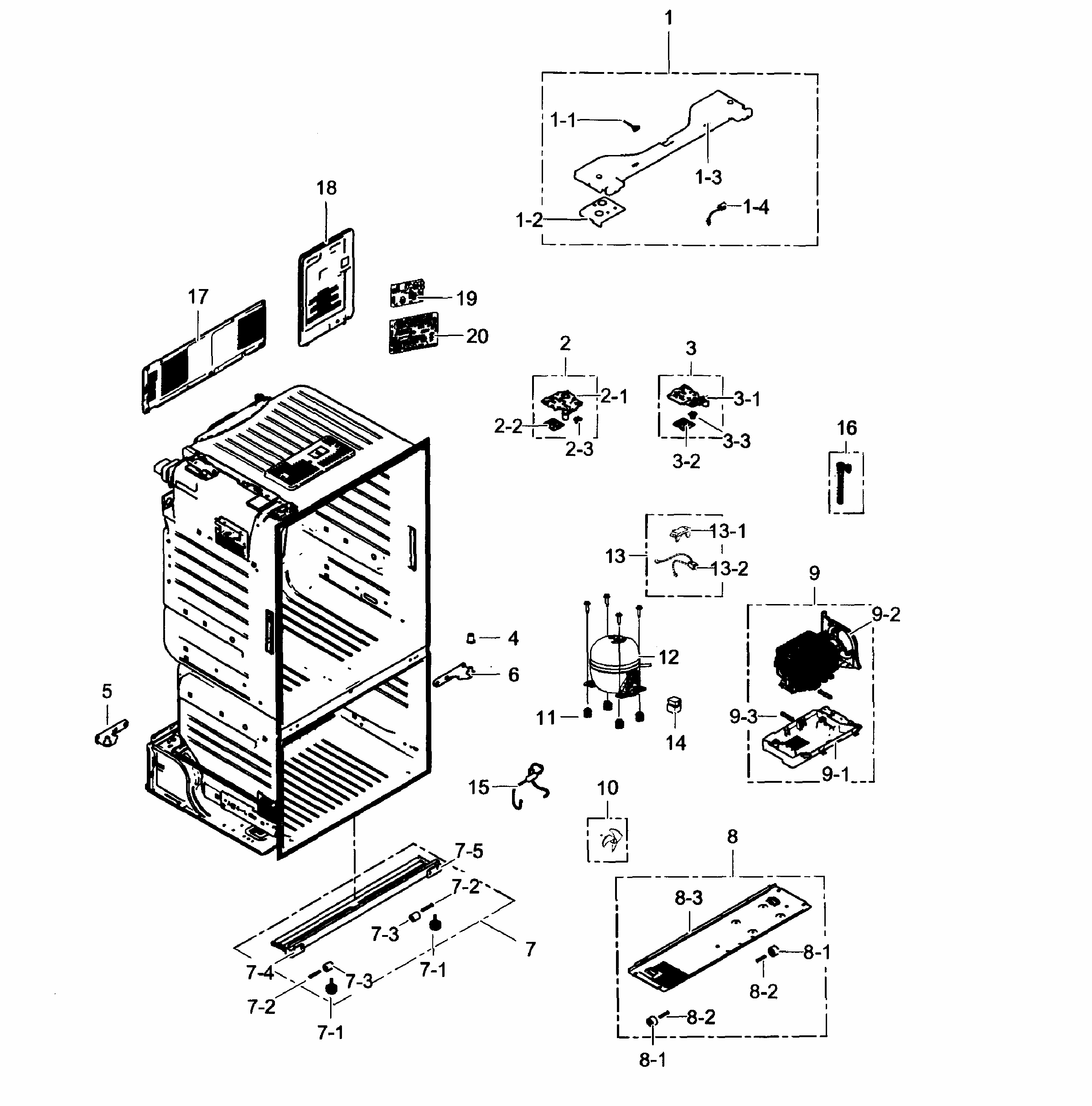 Cabinet Diagram and Parts List for RF323TEDBWW AA-0001 Samsung Refrigerator