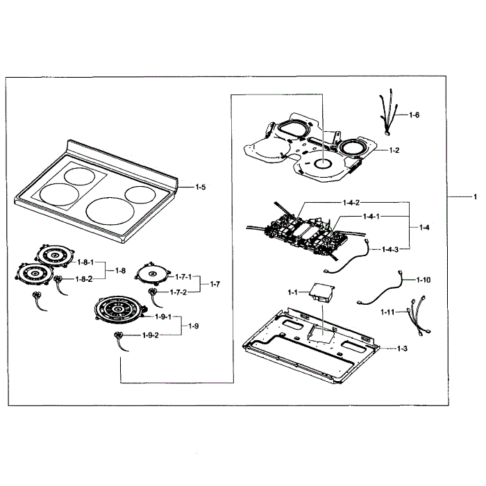 Cooktop Assembly Diagram and Parts List for NE597N0PBSR AA-01 Samsung Range