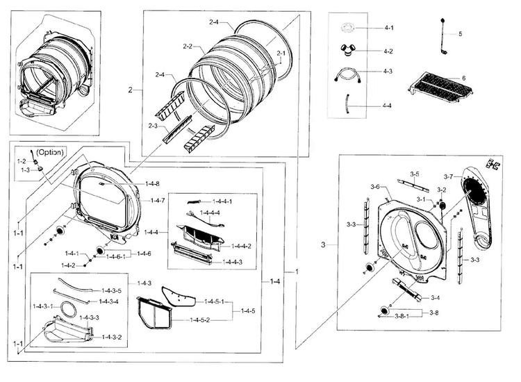 Drum Parts Diagram and Parts List for DV50F9A7EVP A2-0000 Samsung Dryer