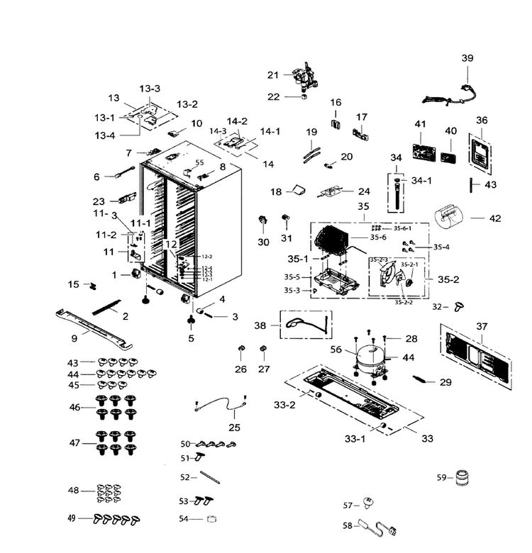 Cabinet Diagram and Parts List for RH25H5611WW AA-0001 Samsung Refrigerator