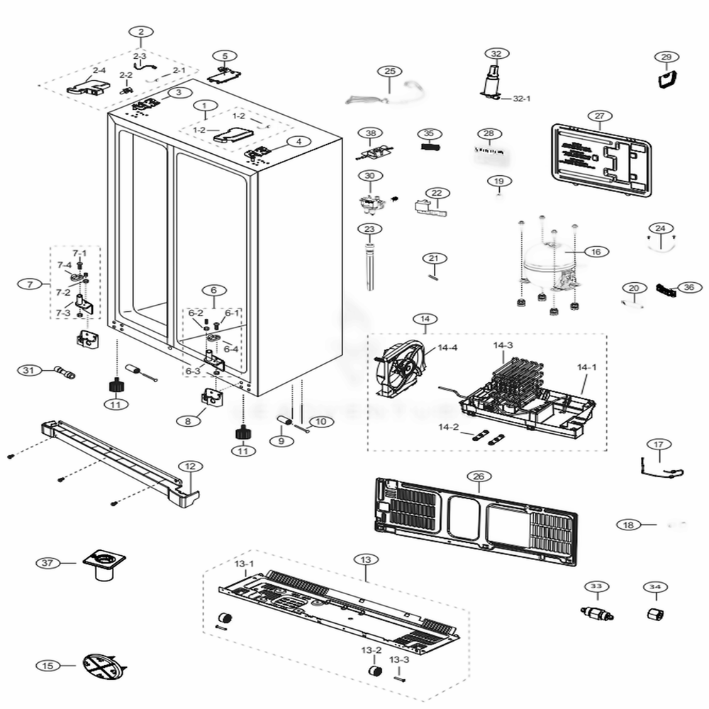 Cabinet Diagram and Parts List for RS25J500DSR (AA)(0001) Samsung Refrigerator