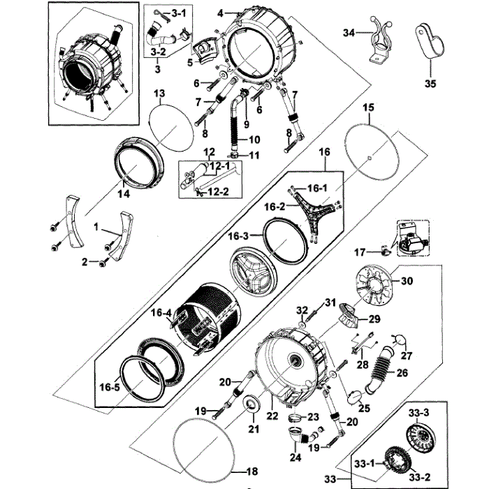 Drum Assembly Diagram and Parts List for WF209ANW XAA-00 Samsung Washer