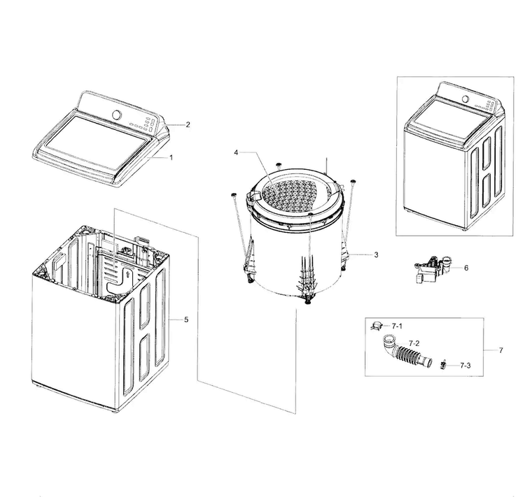 Main Diagram and Parts List for WA45H7000AW A2-0001 Samsung Washer