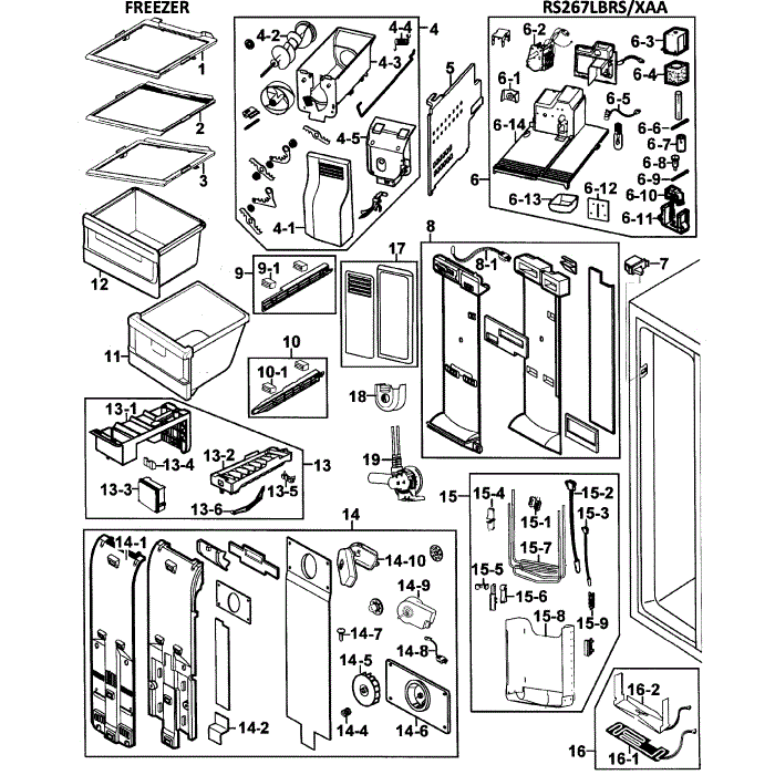 Freezer Diagram and Parts List for RS267LBRS XAA-00 Samsung Refrigerator