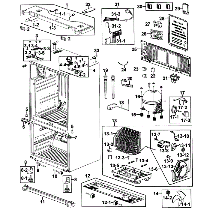 Cabinet Assembly Diagram and Parts List for RF267AARS XAA-0000 Samsung Refrigerator