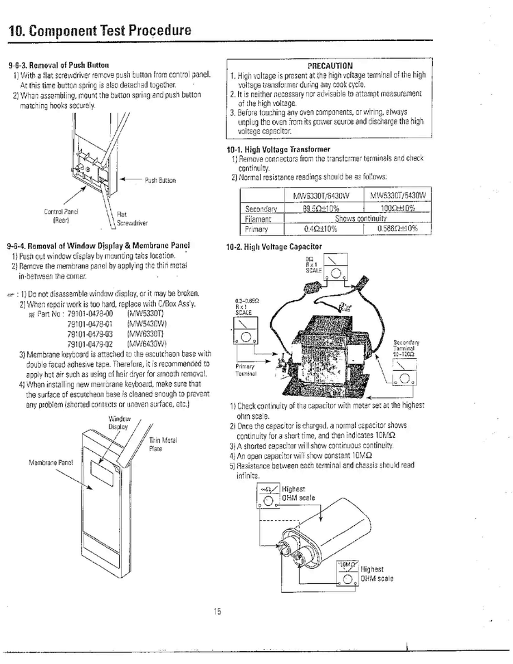Component Test Procedure Diagram and Parts List for MW6330T XAA Samsung Microwave