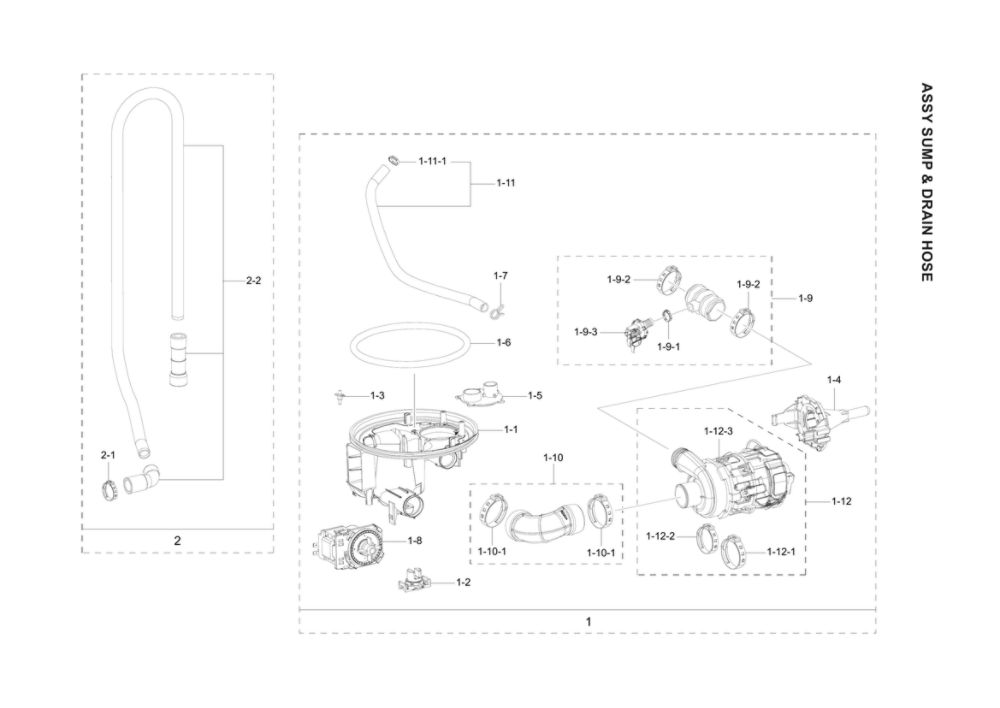 Sump And Drain Hose Assembly Diagram and Parts List for DW80R2031UG AA-00 Samsung Dishwasher