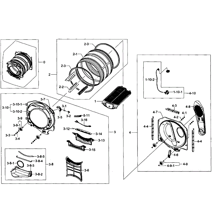 Drum Assembly Diagram and Parts List for DV435GTGJWR A1-01 Samsung Dryer