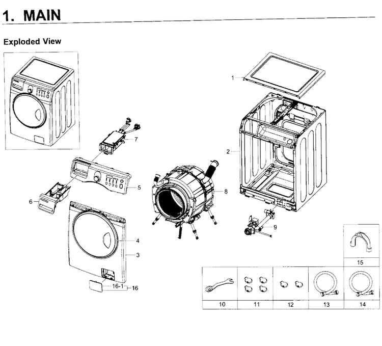 Main Asy Diagram and Parts List for WF219ANW XAA-0001 Samsung Washer