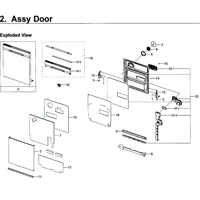 Door Diagram and Parts List for DW80K5050UW AA-00 Samsung Dishwasher