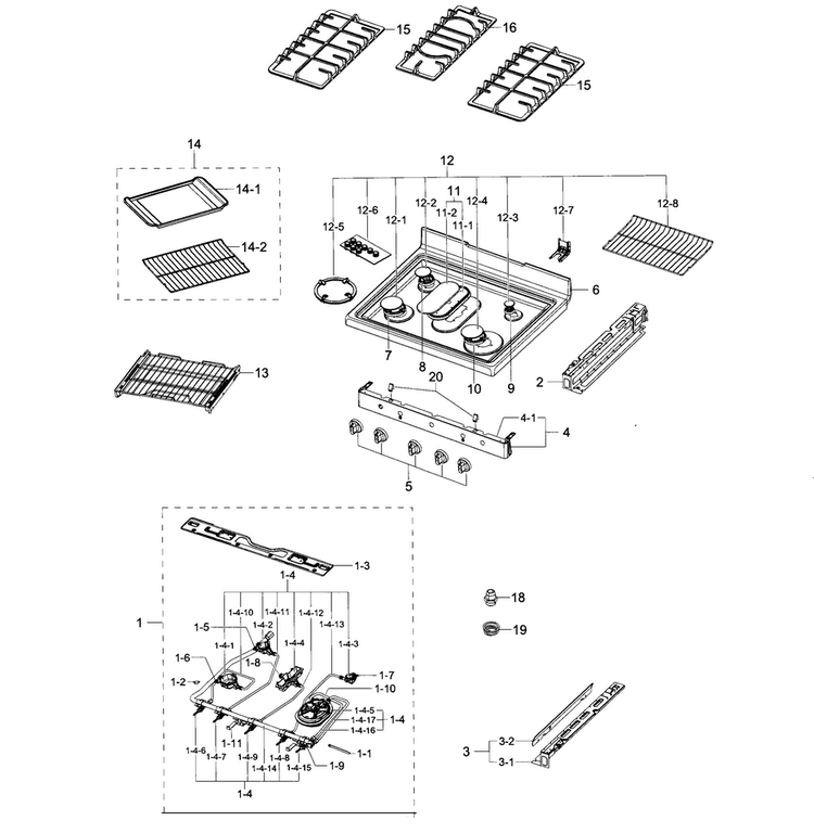 Cooktop Diagram and Parts List for NX58F5700WS AA-0002 Samsung Range