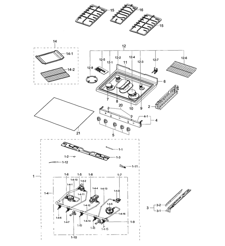 Cooktop Diagram and Parts List for NX58H5650WS AA-0002 Samsung Range