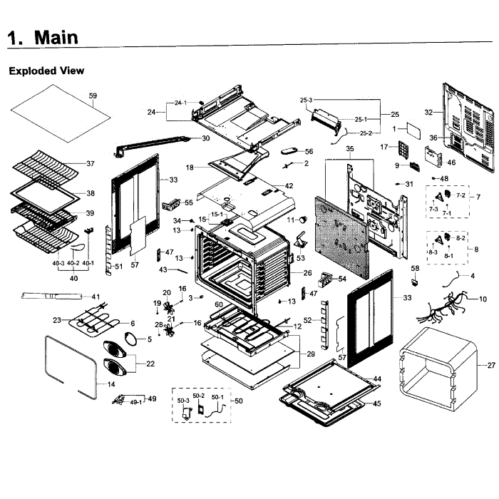 Main Assembly Diagram and Parts List for NE58K9850WS AA-00 Samsung Range