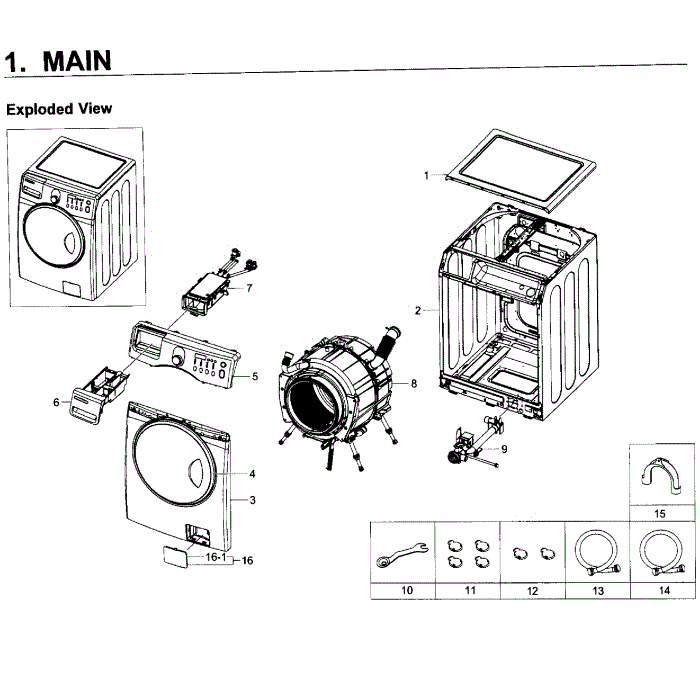 Main Assembly Diagram and Parts List for WF219ANW XAA-01 Samsung Washer