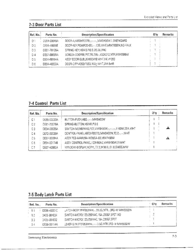 Complete Microwave Oven Page 3 Diagram and Parts List for MW8490W XAA Samsung Microwave
