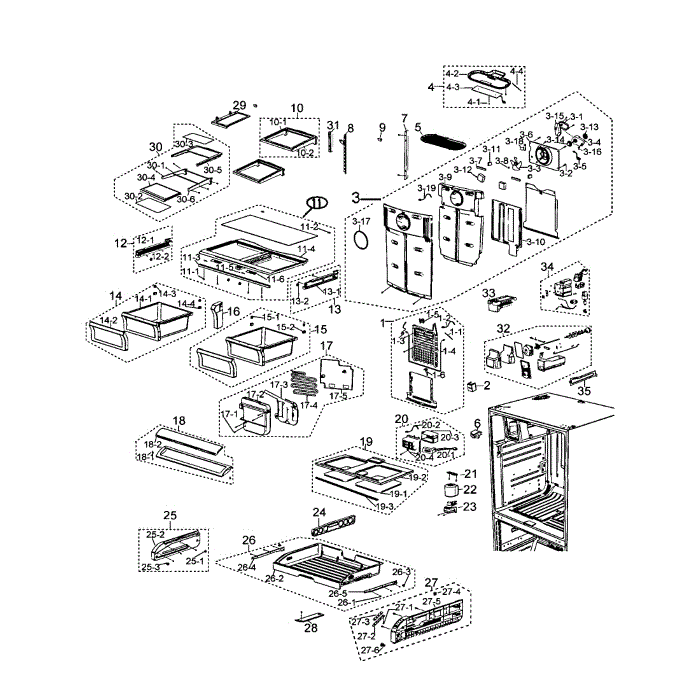 Freezer Diagram and Parts List for RF267AZWP XAA-00 Samsung Refrigerator