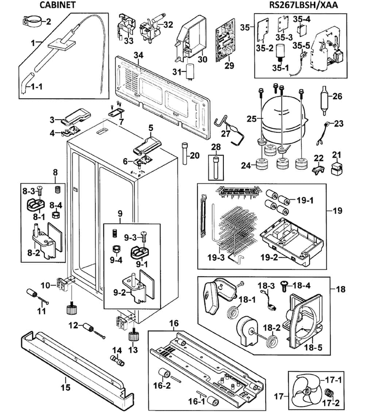 Cabinet Diagram and Parts List for RS267LBSH XAA-0000 Samsung Refrigerator